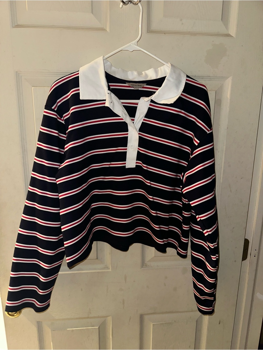 Striped Navy Crop Rugby Top with White Collar